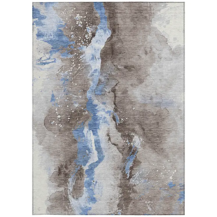 3' X 5' Taupe And Blue Abstract Washable Indoor Outdoor Area Rug