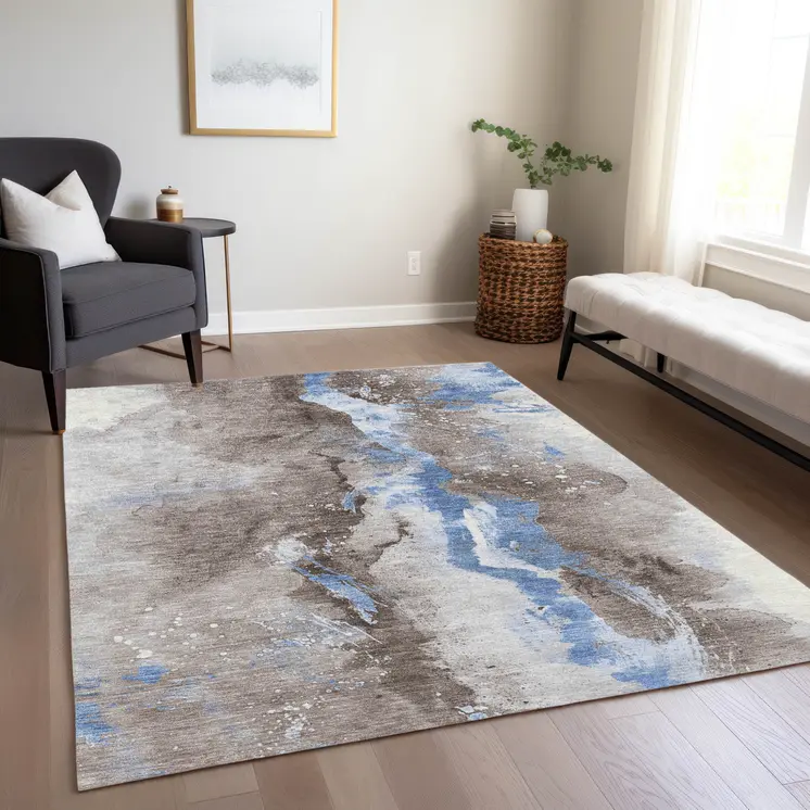 3' X 5' Taupe And Blue Abstract Washable Indoor Outdoor Area Rug