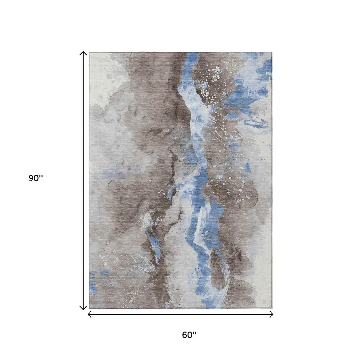 5' X 8' Taupe And Blue Abstract Washable Indoor Outdoor Area Rug