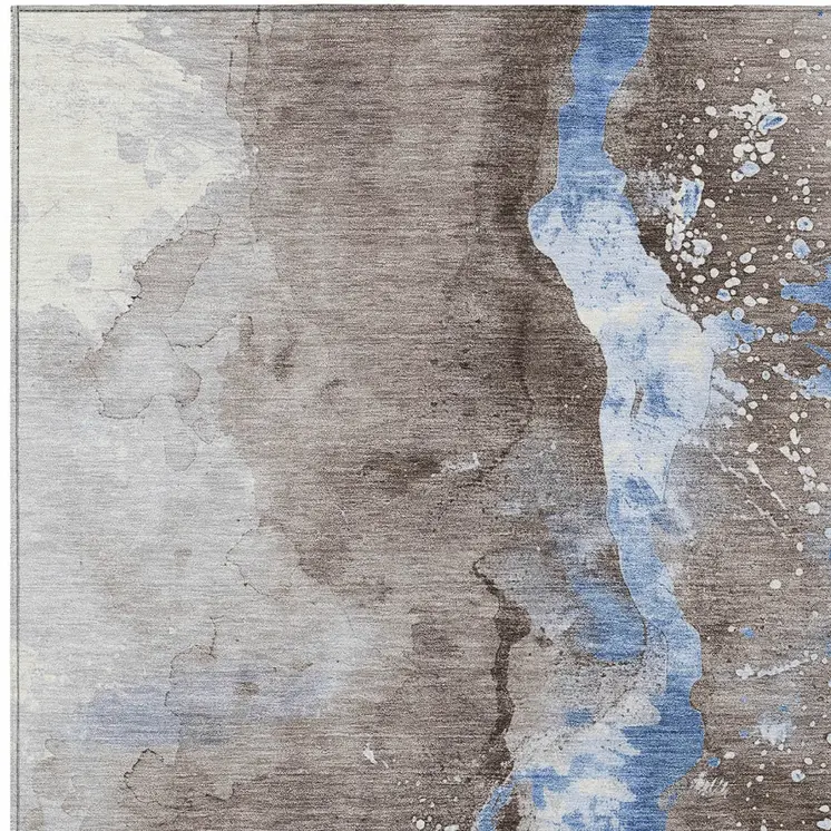 5' X 8' Taupe And Blue Abstract Washable Indoor Outdoor Area Rug