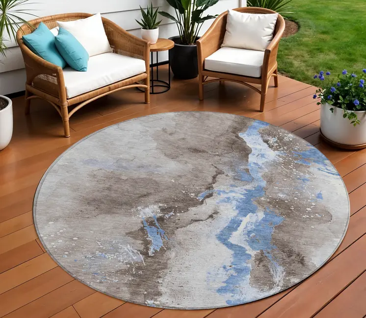 8' Taupe And Blue Round Abstract Washable Indoor Outdoor Area Rug