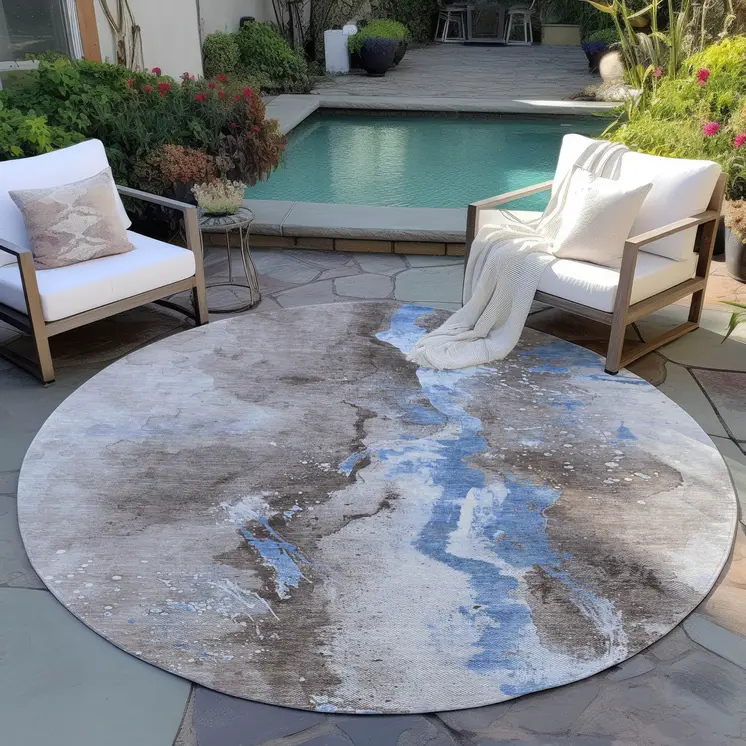 8' Taupe And Blue Round Abstract Washable Indoor Outdoor Area Rug