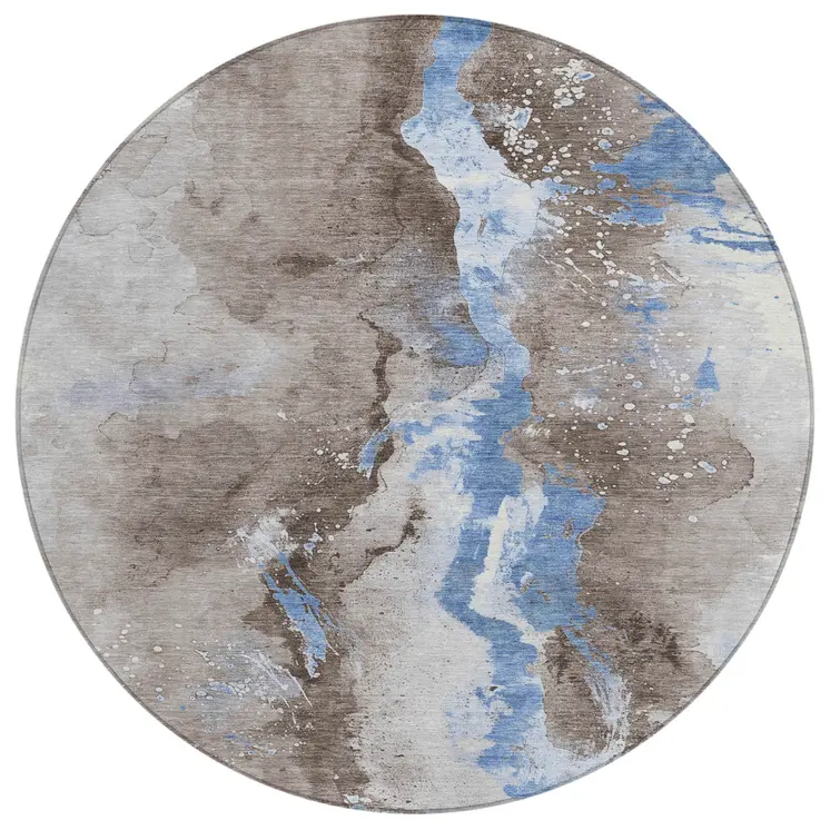 8' Taupe And Blue Round Abstract Washable Indoor Outdoor Area Rug