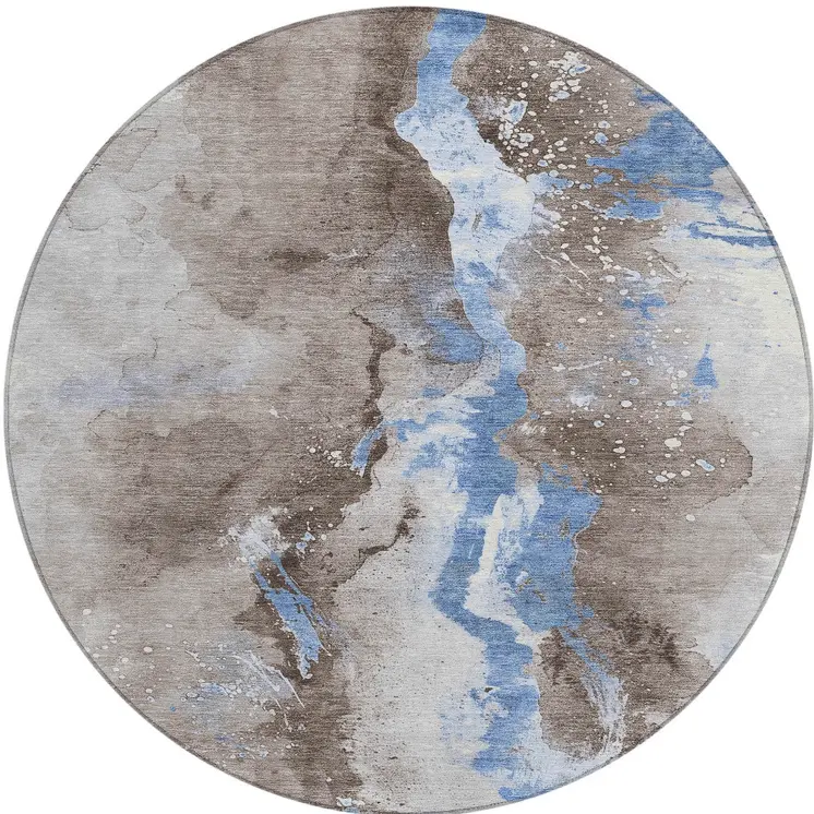 8' Taupe And Blue Round Abstract Washable Indoor Outdoor Area Rug