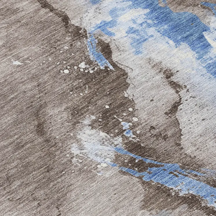 8' Taupe And Blue Round Abstract Washable Indoor Outdoor Area Rug