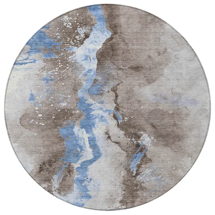 8' Taupe And Blue Round Abstract Washable Indoor Outdoor Area Rug