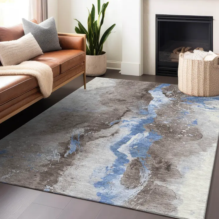 9' X 12' Taupe And Blue Abstract Washable Indoor Outdoor Area Rug