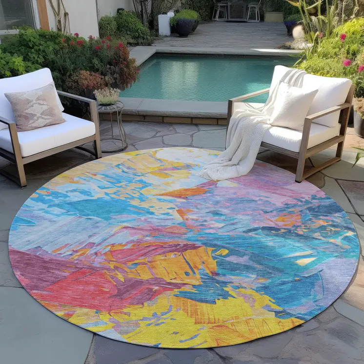 8' Blue Yellow Pink And Orange Round Abstract Washable Indoor Outdoor Area Rug