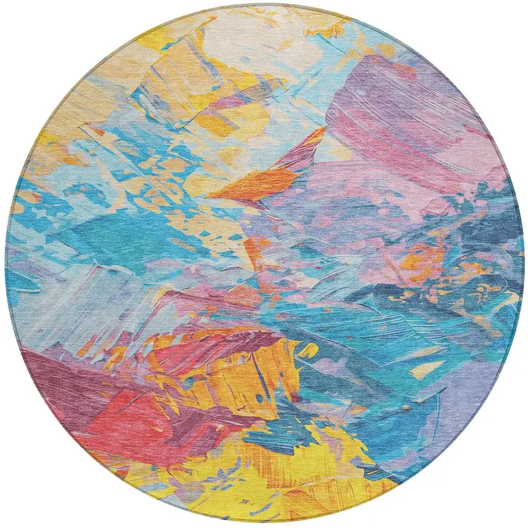 8' Blue Yellow Pink And Orange Round Abstract Washable Indoor Outdoor Area Rug
