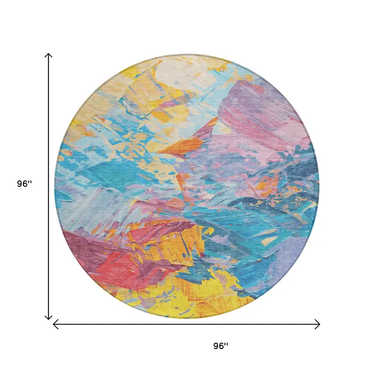 8' Blue Yellow Pink And Orange Round Abstract Washable Indoor Outdoor Area Rug