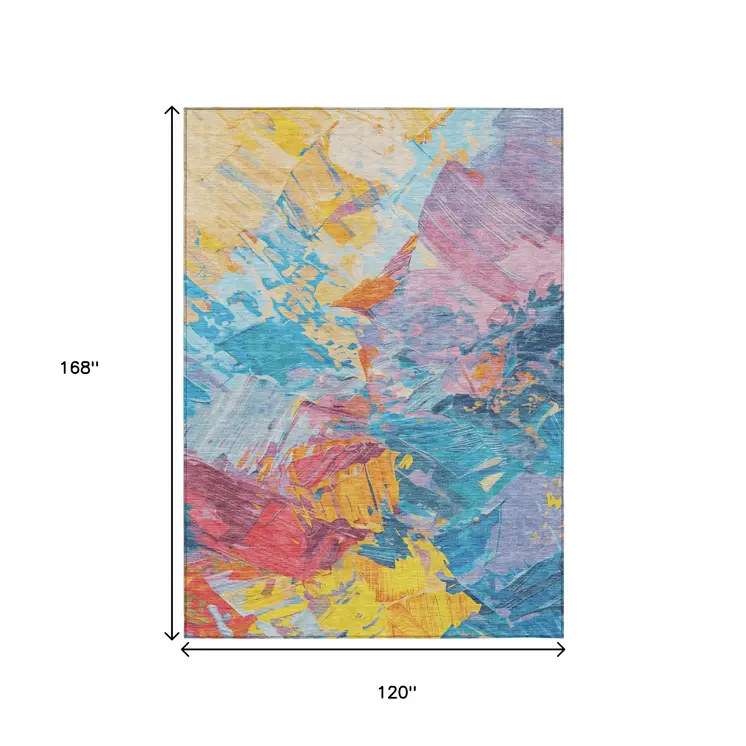 10' X 14' Blue Yellow Pink And Orange Abstract Washable Indoor Outdoor Area Rug