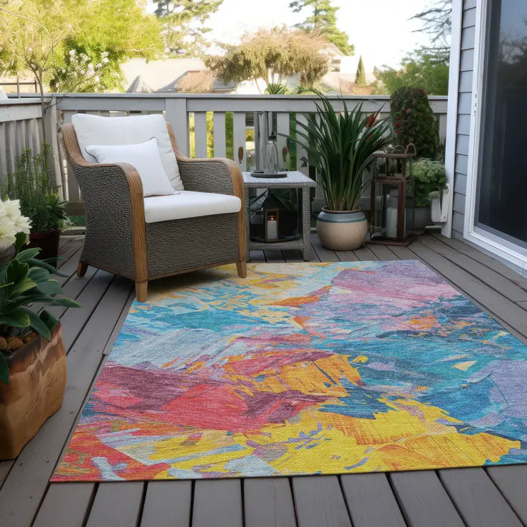 10' X 14' Blue Yellow Pink And Orange Abstract Washable Indoor Outdoor Area Rug