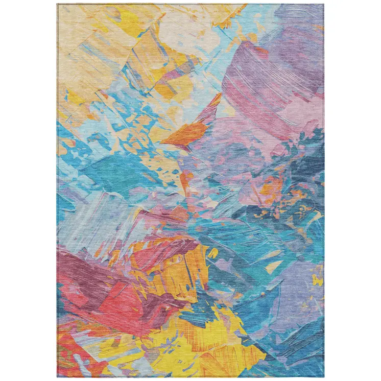 10' X 14' Blue Yellow Pink And Orange Abstract Washable Indoor Outdoor Area Rug