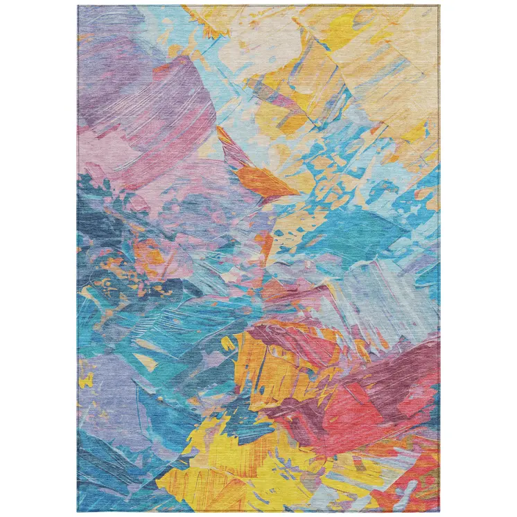 10' X 14' Blue Yellow Pink And Orange Abstract Washable Indoor Outdoor Area Rug