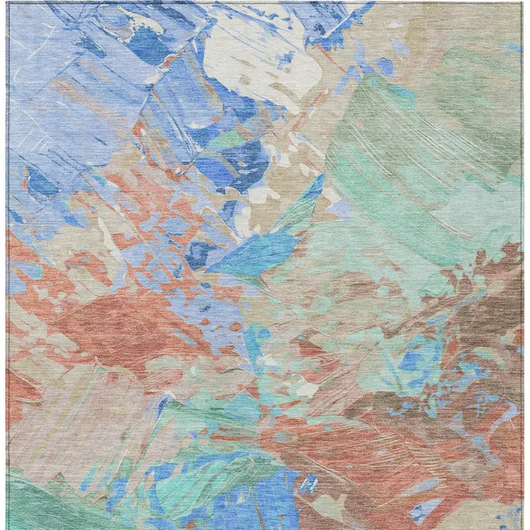 3' X 5' Coral Teal Blue Mint Green And Copper Abstract Washable Indoor Outdoor Area Rug
