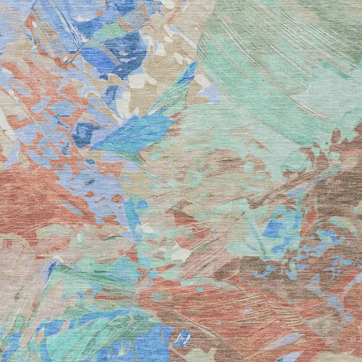 3' X 5' Coral Teal Blue Mint Green And Copper Abstract Washable Indoor Outdoor Area Rug