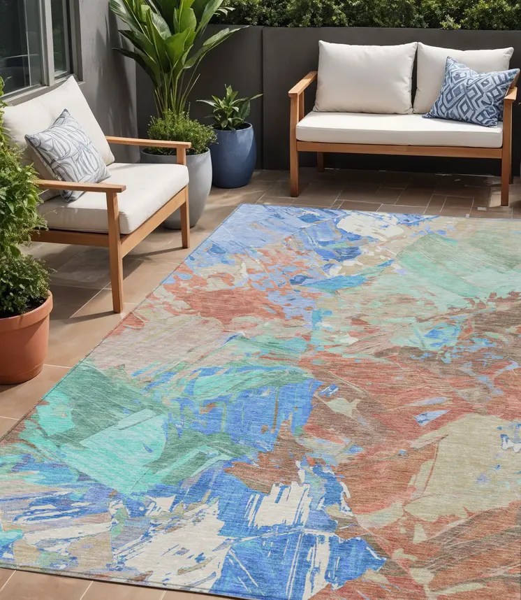 5' X 8' Coral Teal Blue Mint Green And Copper Abstract Washable Indoor Outdoor Area Rug