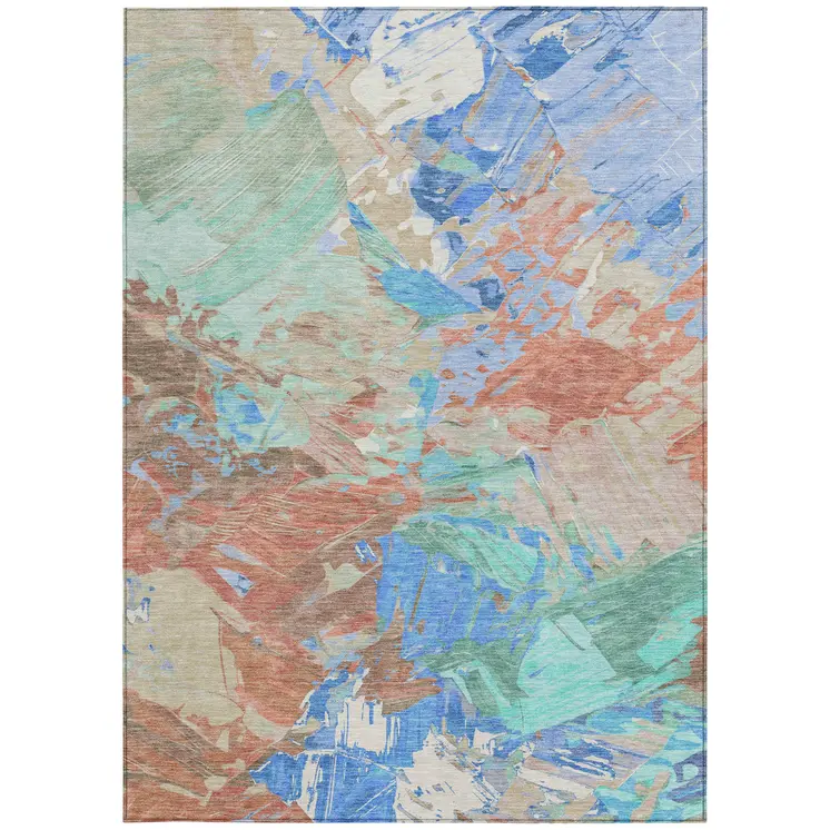 5' X 8' Coral Teal Blue Mint Green And Copper Abstract Washable Indoor Outdoor Area Rug