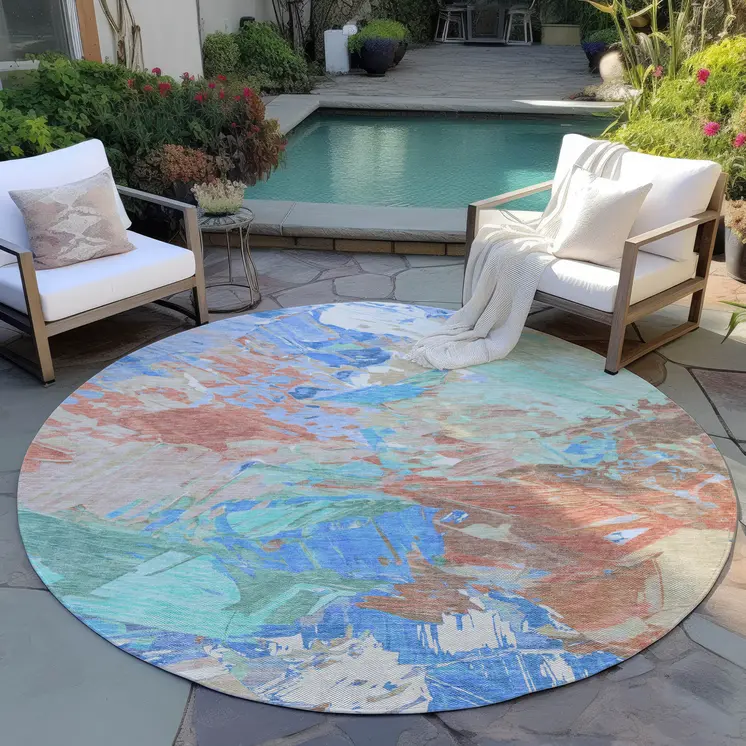 8' Coral Teal Blue Mint Green And Copper Round Abstract Washable Indoor Outdoor Area Rug