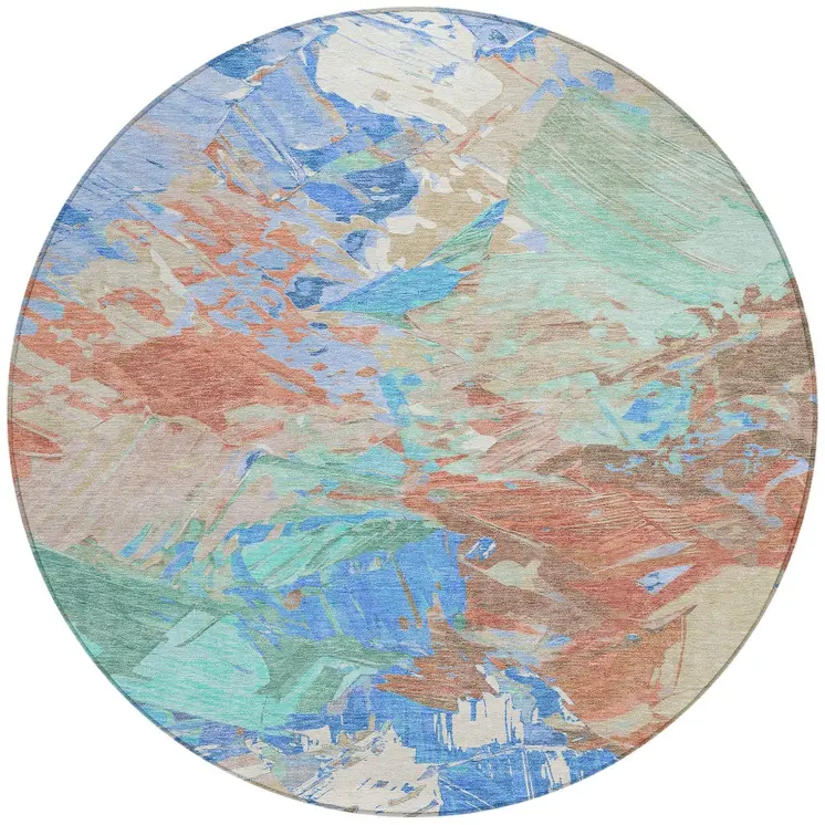 8' Coral Teal Blue Mint Green And Copper Round Abstract Washable Indoor Outdoor Area Rug