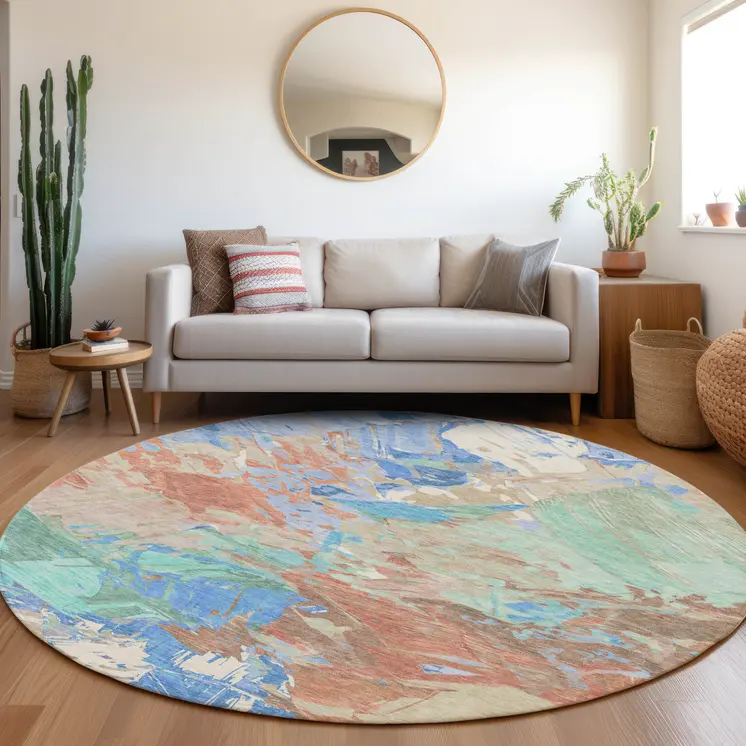 8' Coral Teal Blue Mint Green And Copper Round Abstract Washable Indoor Outdoor Area Rug