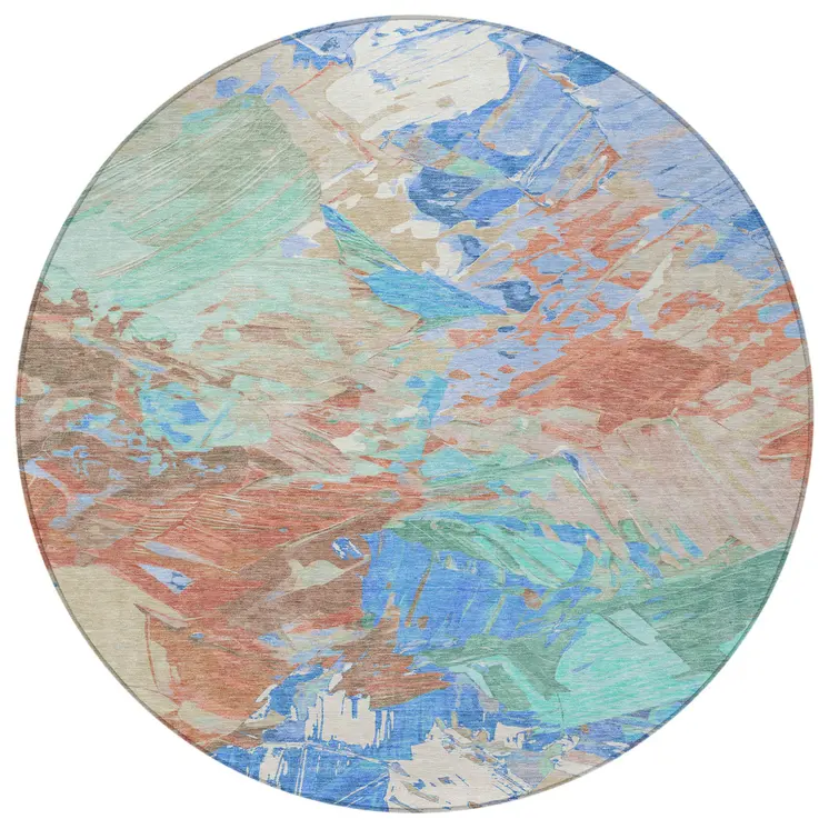 8' Coral Teal Blue Mint Green And Copper Round Abstract Washable Indoor Outdoor Area Rug