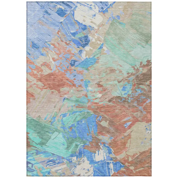 8' X 10' Coral Teal Blue Mint Green And Copper Abstract Washable Indoor Outdoor Area Rug
