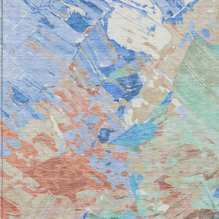 8' X 10' Coral Teal Blue Mint Green And Copper Abstract Washable Indoor Outdoor Area Rug