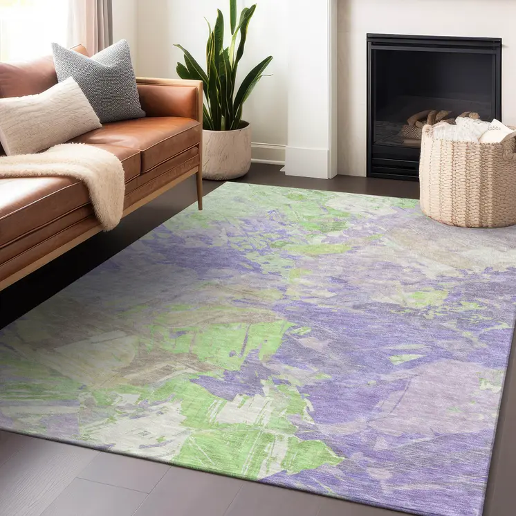 5' X 8' Lavender Mint Green And Beige Abstract Washable Indoor Outdoor Area Rug