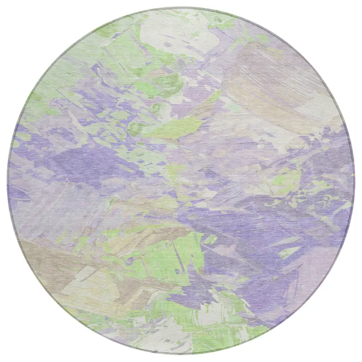 8' Lavender Mint Green And Beige Round Abstract Washable Indoor Outdoor Area Rug