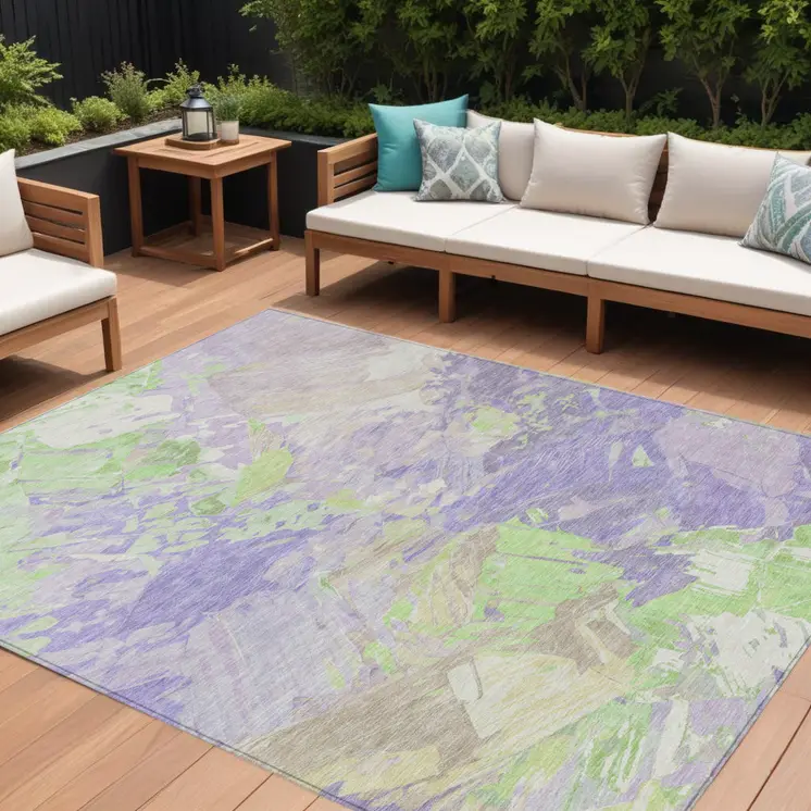 10' X 14' Lavender Mint Green And Beige Abstract Washable Indoor Outdoor Area Rug