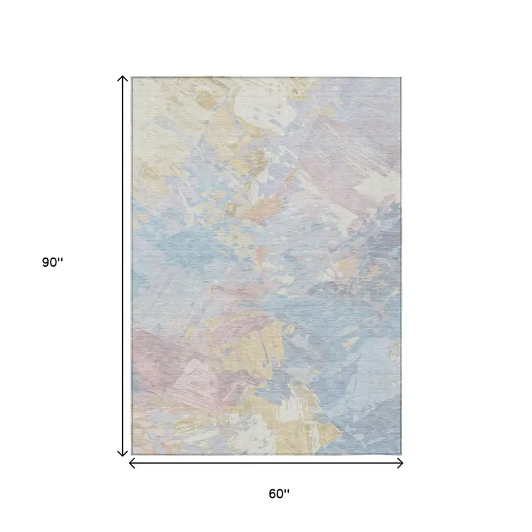 5' X 8' Sky Blue Beige And Gold Abstract Washable Indoor Outdoor Area Rug