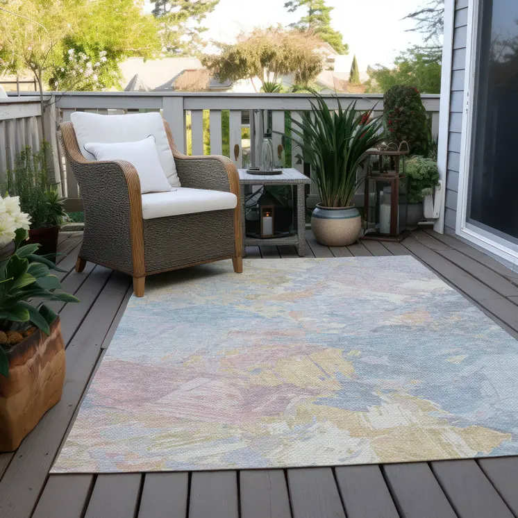 5' X 8' Sky Blue Beige And Gold Abstract Washable Indoor Outdoor Area Rug
