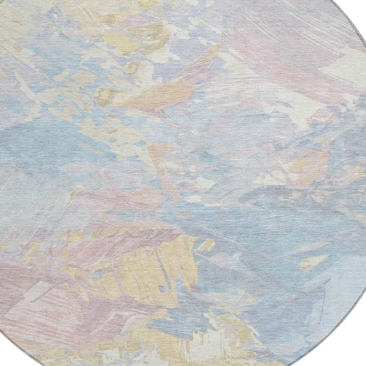8' Sky Blue Beige And Gold Round Abstract Washable Indoor Outdoor Area Rug