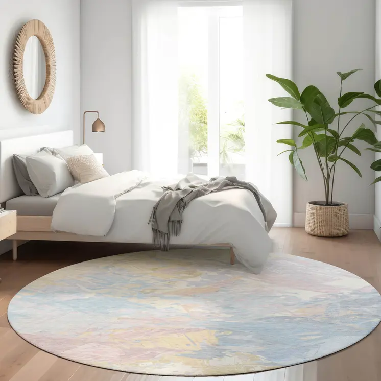 8' Sky Blue Beige And Gold Round Abstract Washable Indoor Outdoor Area Rug