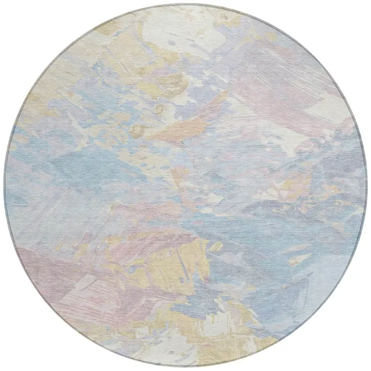 8' Sky Blue Beige And Gold Round Abstract Washable Indoor Outdoor Area Rug