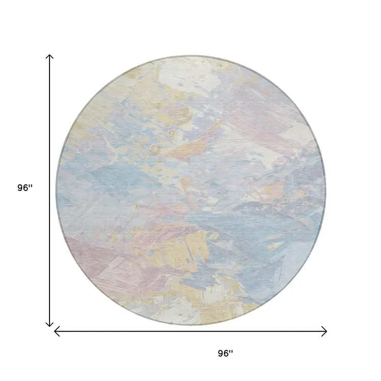 8' Sky Blue Beige And Gold Round Abstract Washable Indoor Outdoor Area Rug