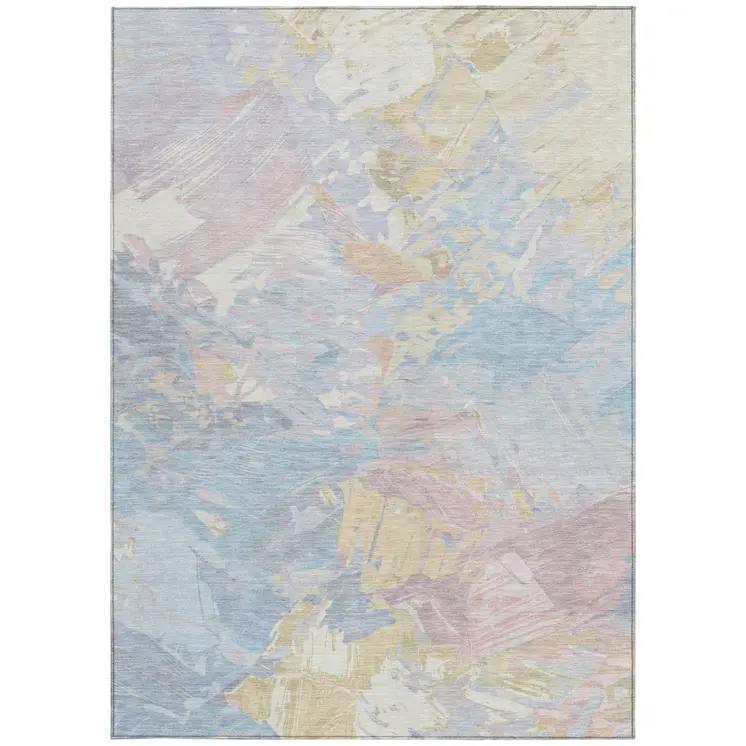 8' X 10' Sky Blue Beige And Gold Abstract Washable Indoor Outdoor Area Rug