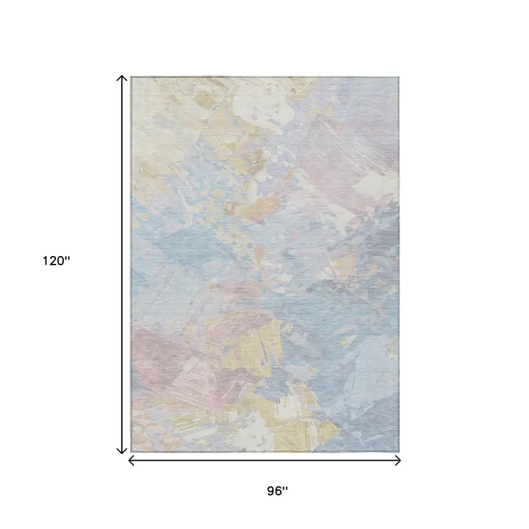 8' X 10' Sky Blue Beige And Gold Abstract Washable Indoor Outdoor Area Rug