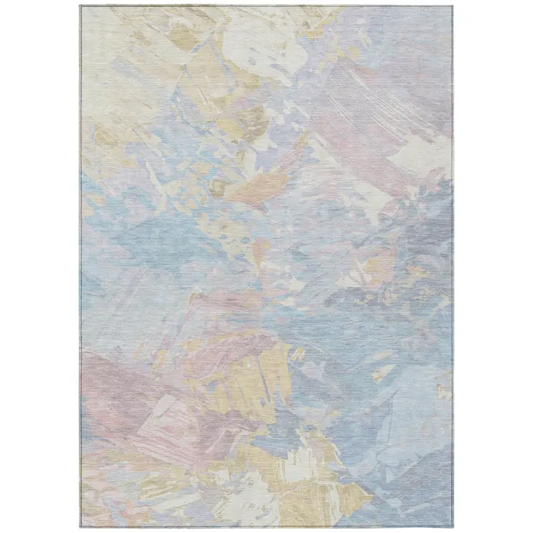 9' X 12' Sky Blue Beige And Gold Abstract Washable Indoor Outdoor Area Rug