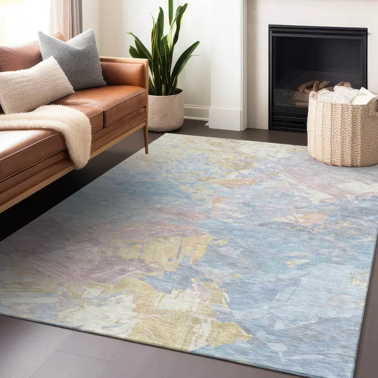 10' X 14' Sky Blue Beige And Gold Abstract Washable Indoor Outdoor Area Rug