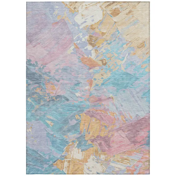 3' X 5' Teal Blue Gold And Pink Abstract Washable Indoor Outdoor Area Rug