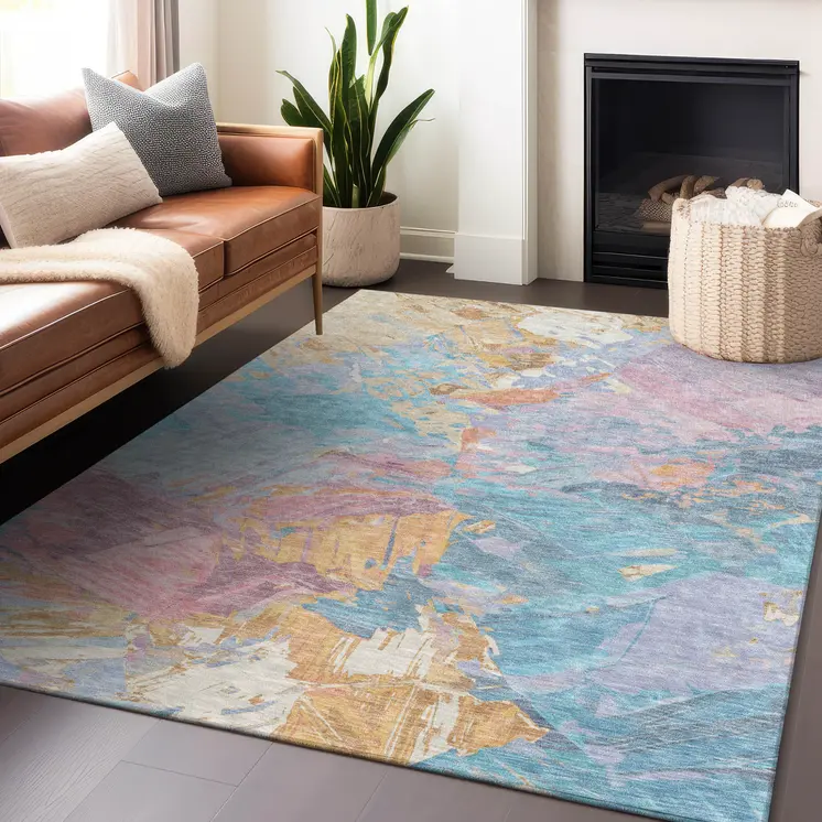 3' X 5' Teal Blue Gold And Pink Abstract Washable Indoor Outdoor Area Rug