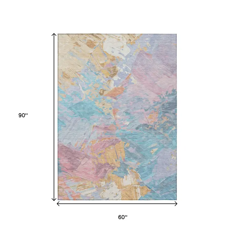 5' X 8' Teal Blue Gold And Pink Abstract Washable Indoor Outdoor Area Rug