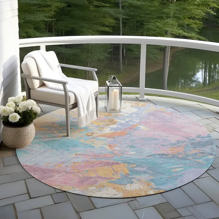8' Teal Blue Gold And Pink Round Abstract Washable Indoor Outdoor Area Rug