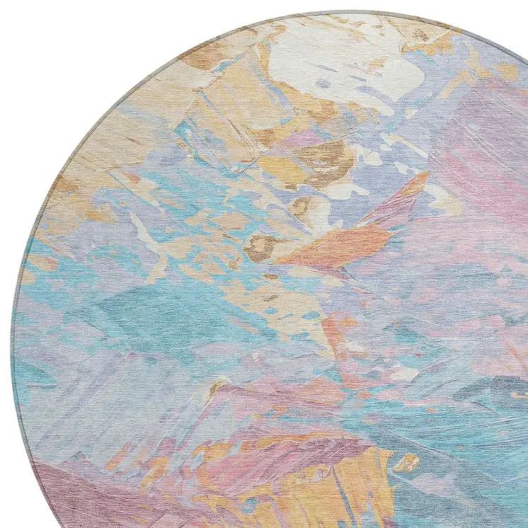 8' Teal Blue Gold And Pink Round Abstract Washable Indoor Outdoor Area Rug