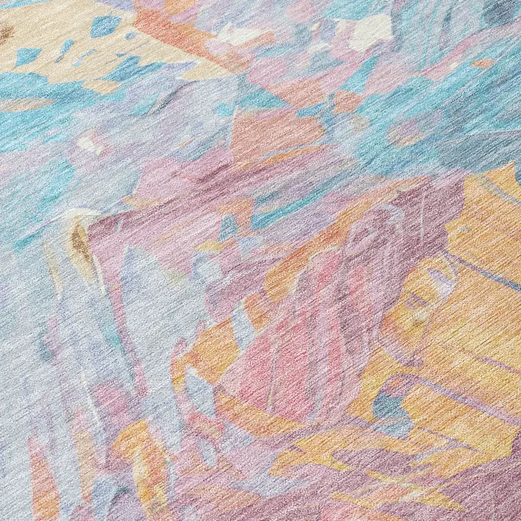 8' Teal Blue Gold And Pink Round Abstract Washable Indoor Outdoor Area Rug