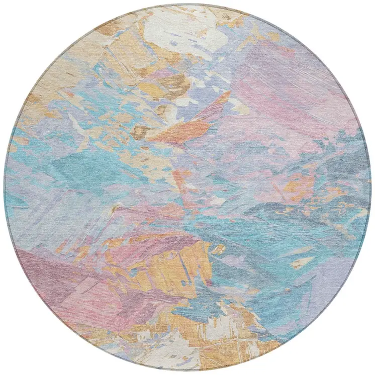 8' Teal Blue Gold And Pink Round Abstract Washable Indoor Outdoor Area Rug