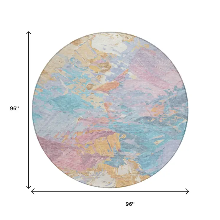 8' Teal Blue Gold And Pink Round Abstract Washable Indoor Outdoor Area Rug