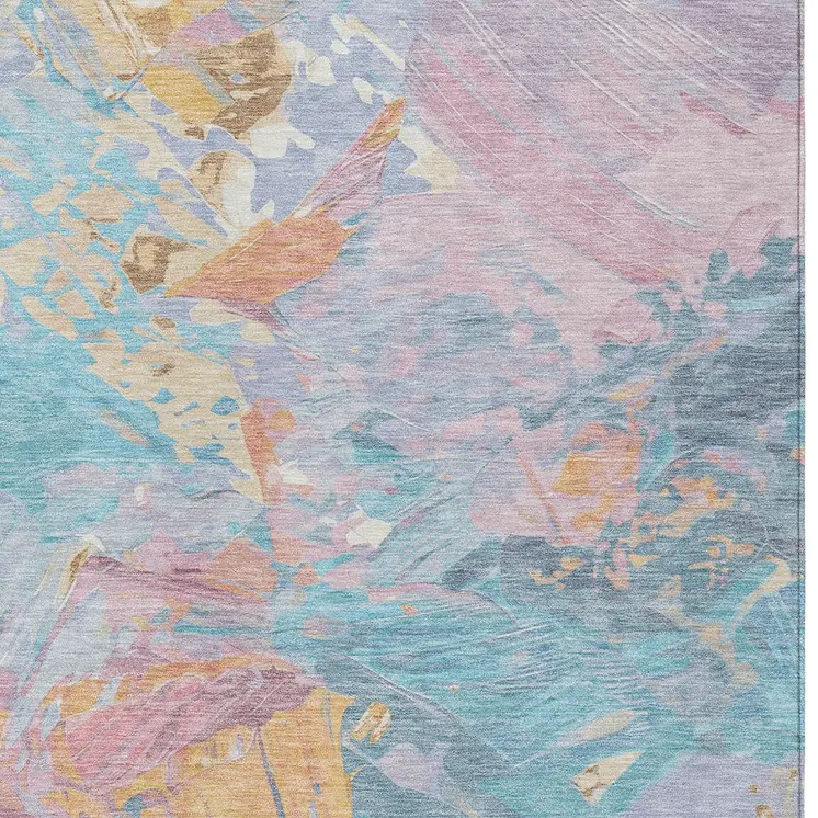 8' X 10' Teal Blue Gold And Pink Abstract Washable Indoor Outdoor Area Rug